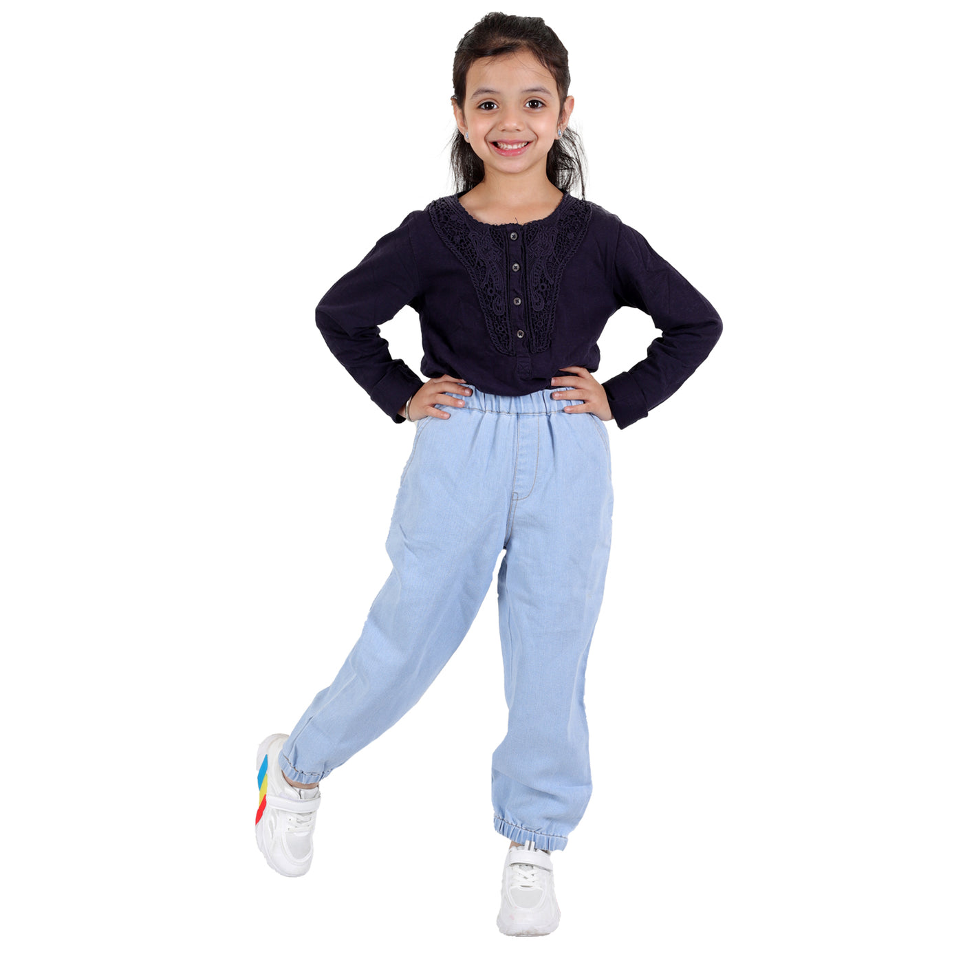 Girl's Stretchable Denim Pants with Elastic Closure, Sky Blue