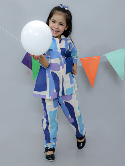 superminis Girls Cotton Abstract Print Top With Matching Waist Belt And Pant , Navy Blue