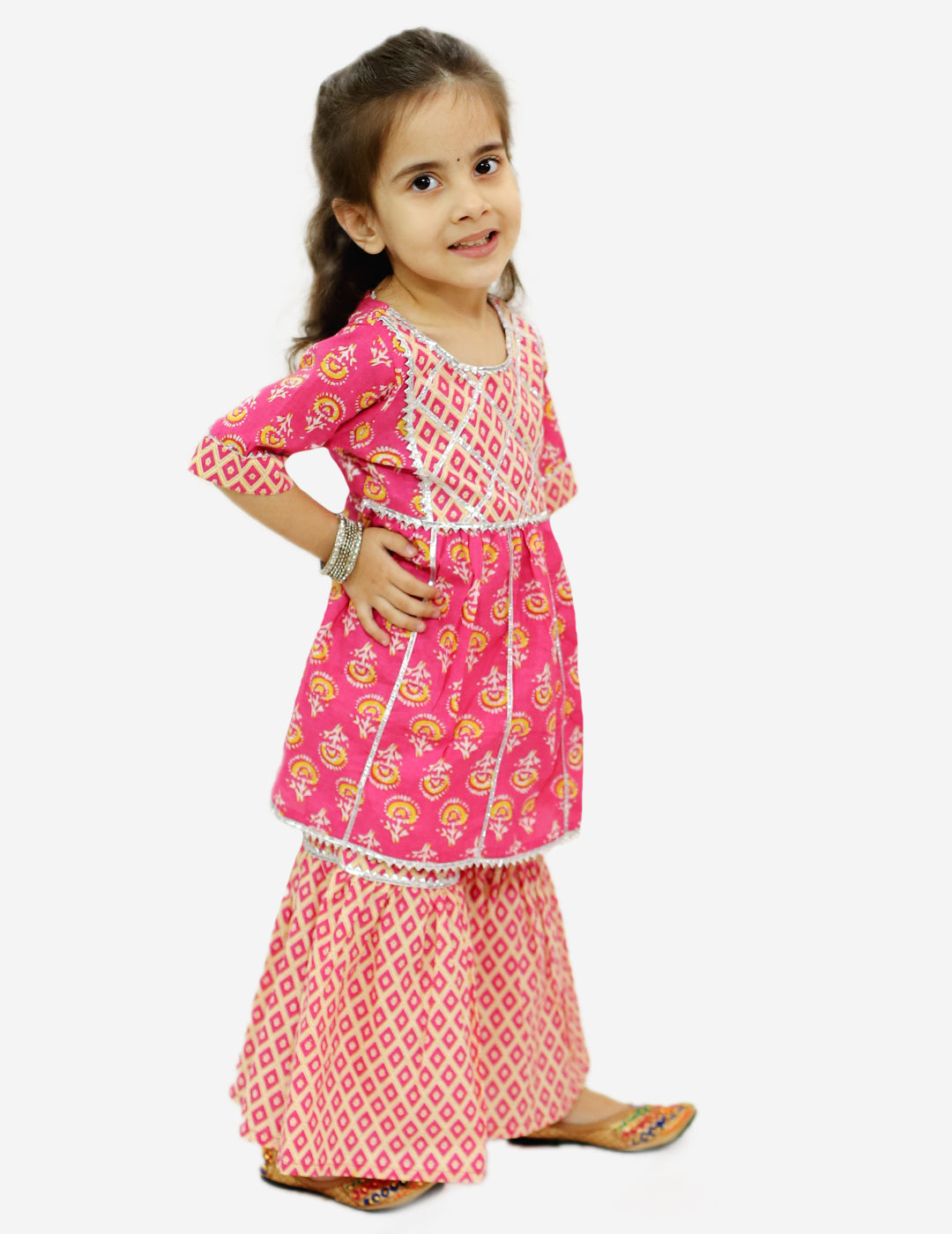 Girls Cambric Cotton Sanganeri Print Frock Style Kurti with Printed Sharara Dress in Pink Colour