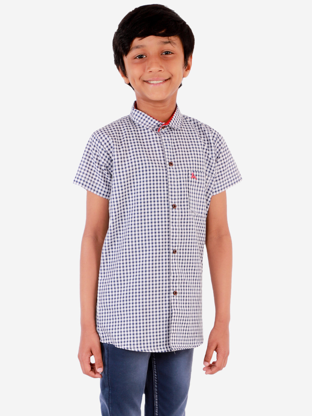 superminis Boy's Cotton Shirt - Regular Fit, Half Sleeves, Collared Neck, Checkered Shirts for Casual Wear, Dark Blue