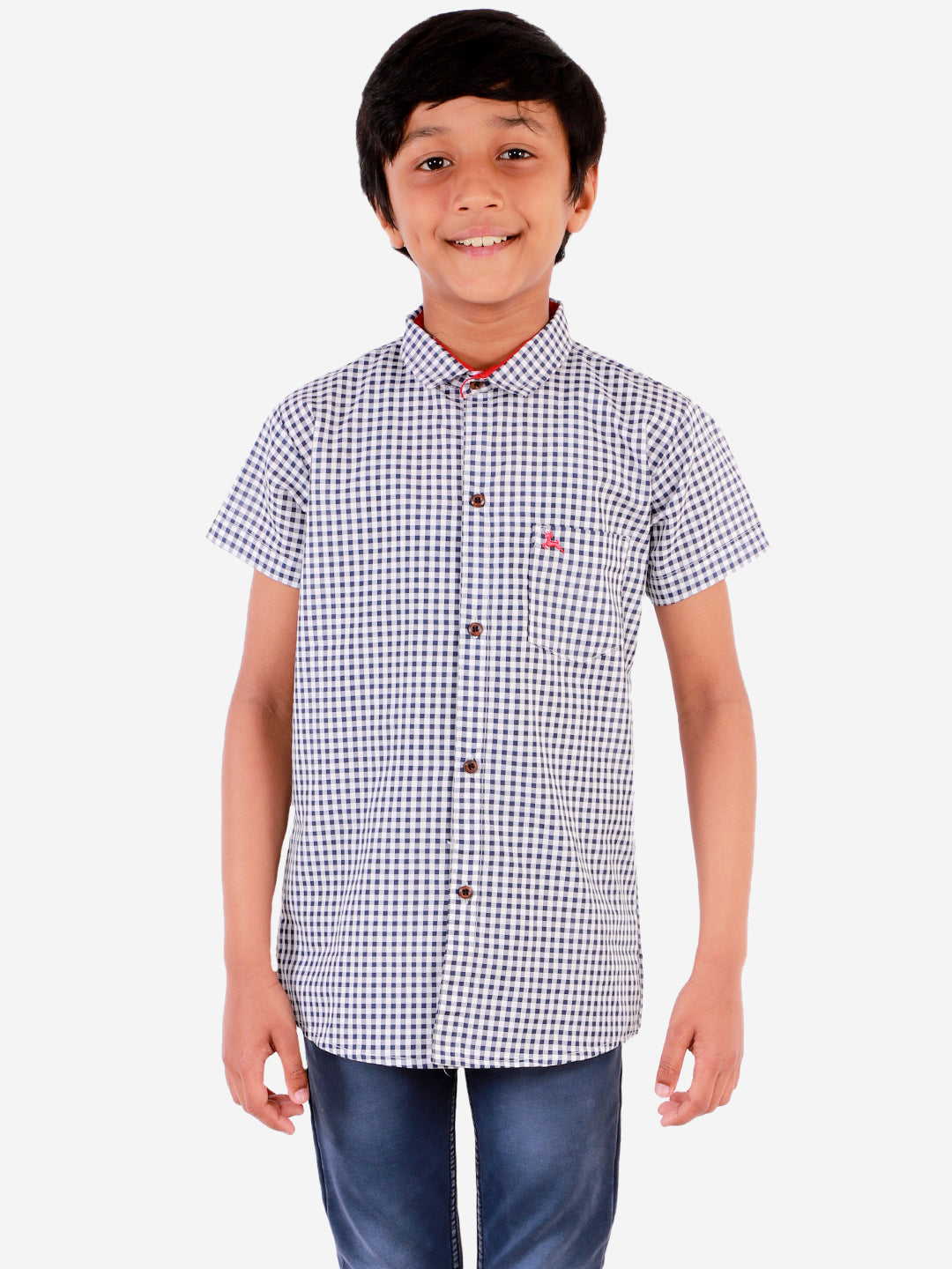 superminis Boy's Cotton Shirt - Regular Fit, Half Sleeves, Collared Neck, Checkered Shirts for Casual Wear, Dark Blue