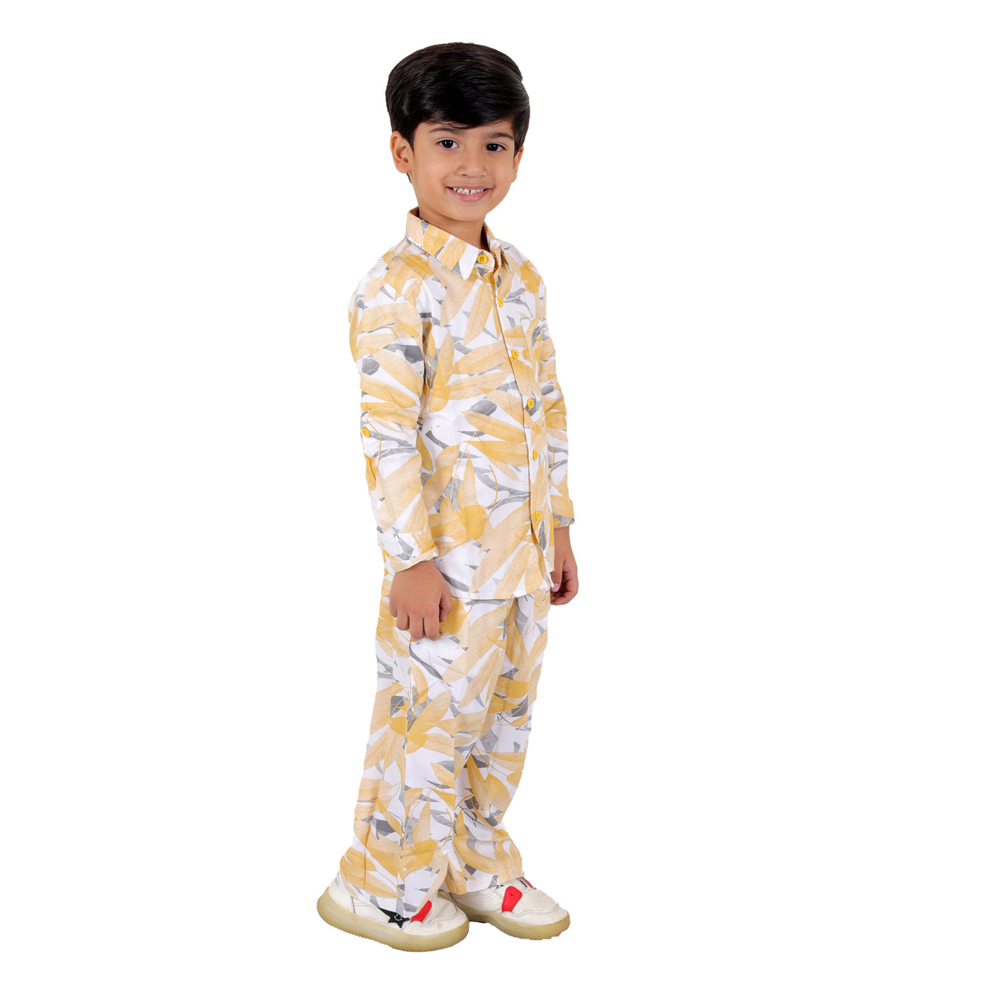 Boys Co-ord Set with Printed Rayon Shirt and Pant, Yellow