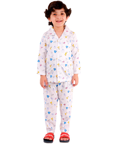 Hosiery Cotton Night Suit - Full Sleeves, Collared Neck, Teddy Print, Sleep Wear for Girls, Boys, Babies, Kids