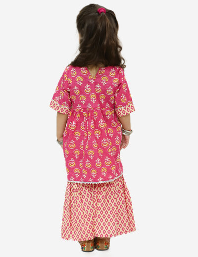 Girls Cambric Cotton Sanganeri Print Frock Style Kurti with Printed Sharara Dress in Pink Colour