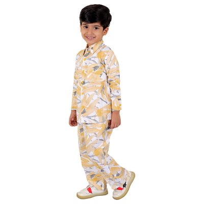 Boys Co-ord Set with Printed Rayon Shirt and Pant, Yellow