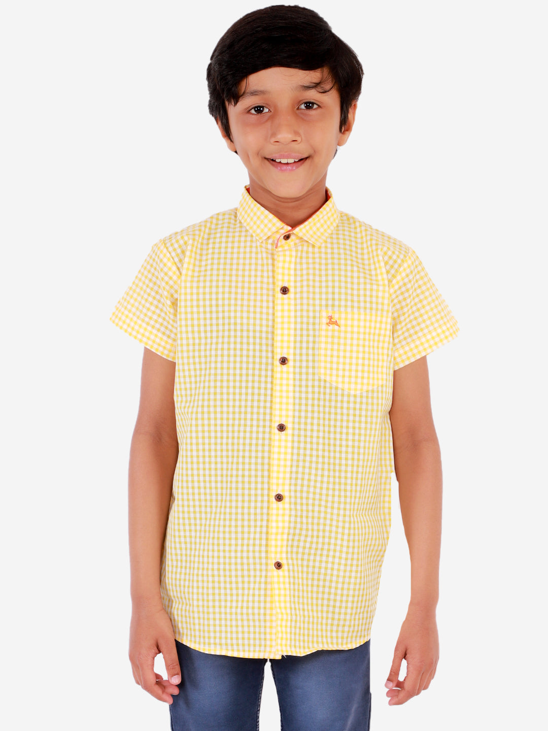 superminis Boy's Cotton Shirt - Regular Fit, Half Sleeves, Collared Neck, Checkered Shirts for Casual Wear, Yellow