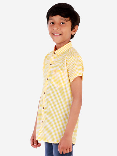 superminis Boy's Cotton Shirt - Regular Fit, Half Sleeves, Collared Neck, Checkered Shirts for Casual Wear, Yellow