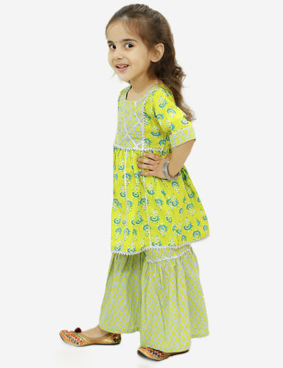 Girls Cambric Cotton Sanganeri Print Frock Style Kurti with Printed Sharara Dress in Green Colour