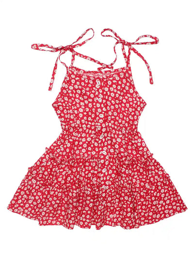 Girls Fit & Flare Dress, Floral Print Layered, Red Colour