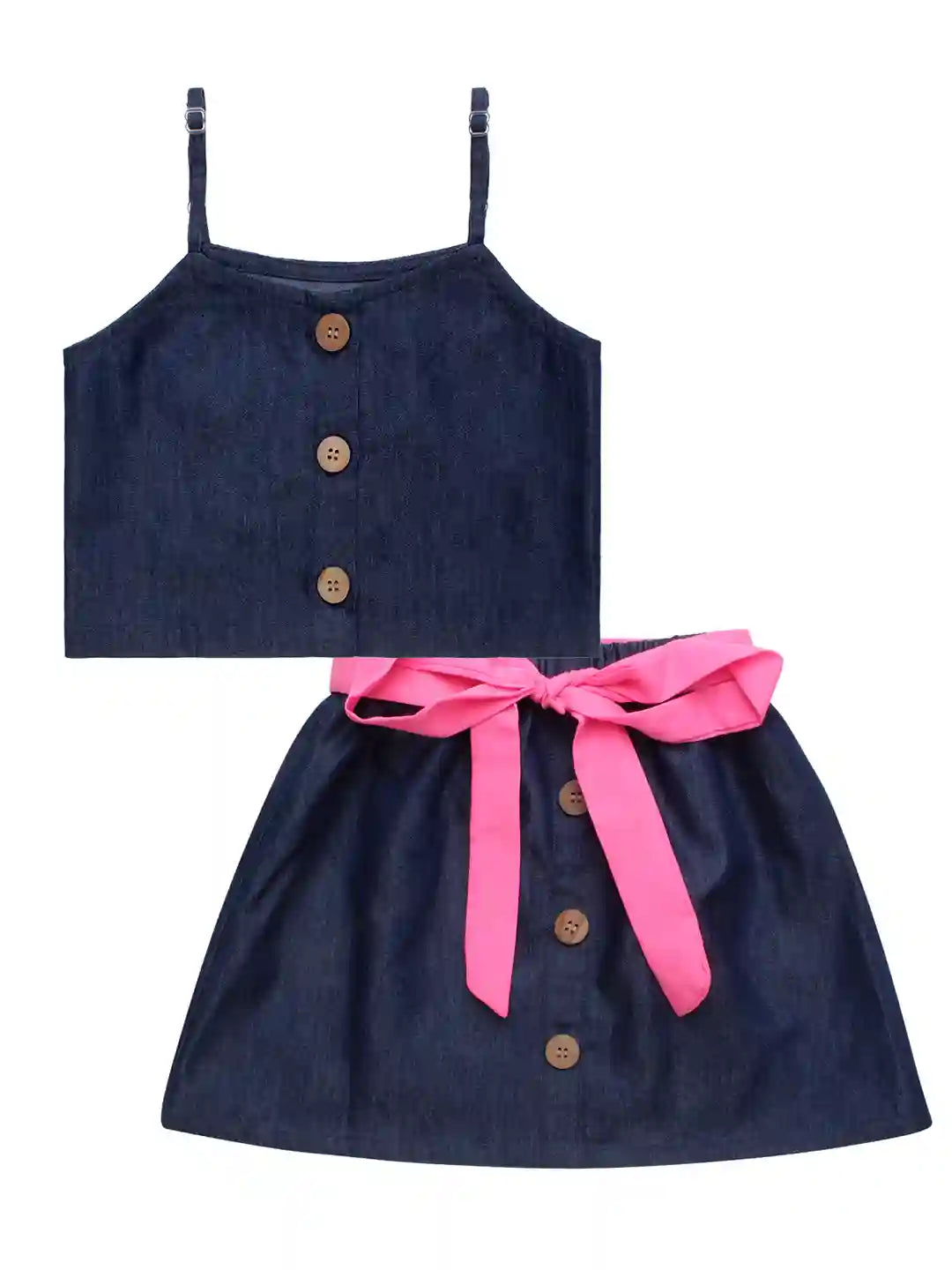 Girls Pure Cotton Denim Top with Skirt Co-ord Set, Navy Blue Colour