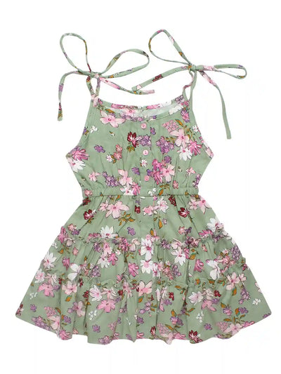 Girls Fit & Flare Dress, Floral Print Layered, Green Colour