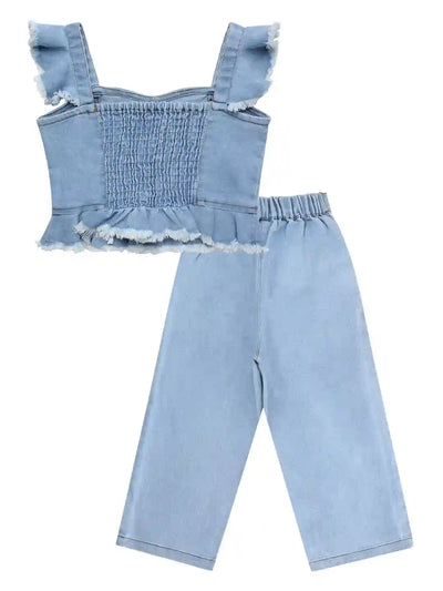 Girls Pure Cotton Denim Crop Top with Trousers Co-ord Set, Blue Colour