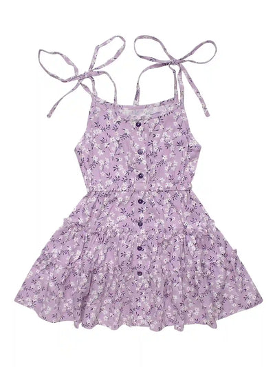 Girls Fit & Flare Dress, Floral Print Layered, Lavender Colour