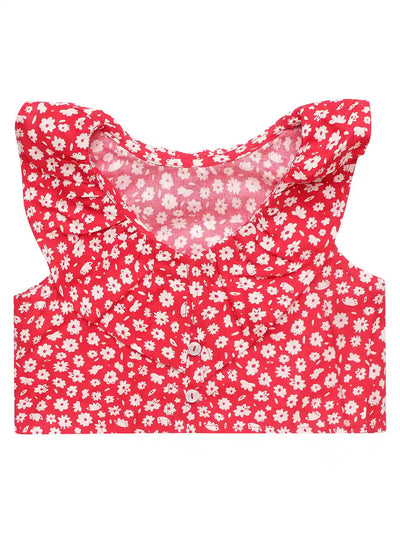Girls Crop Top & Trouser Set, Floral Print, Red Colour