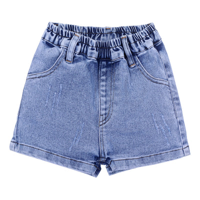 Girls Solid Print Folded-Bottom Style Denim Shorts, Blue