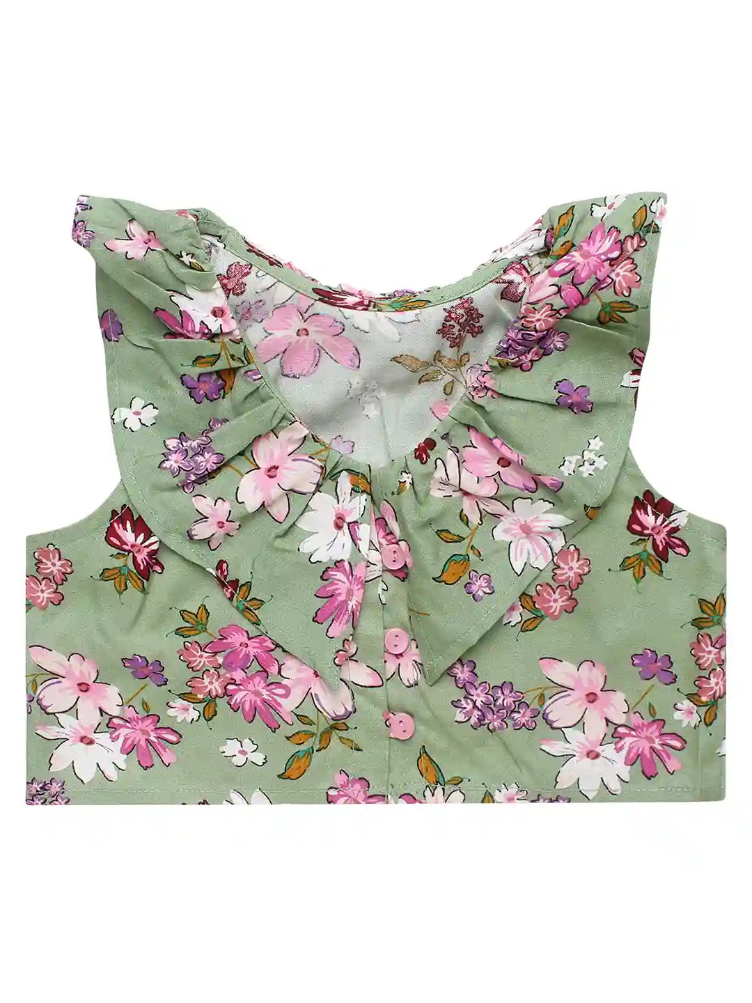Girls Crop Top & Trouser Set, Floral Print, Green Colour