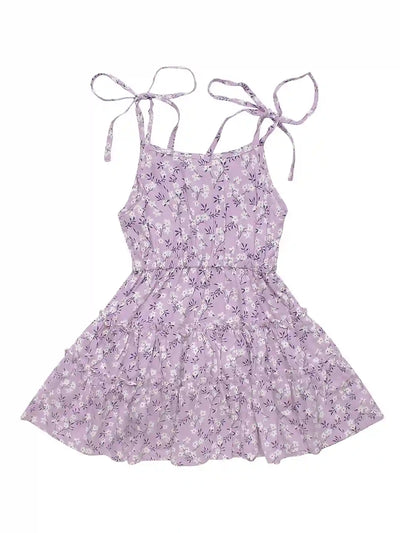 Girls Fit & Flare Dress, Floral Print Layered, Lavender Colour