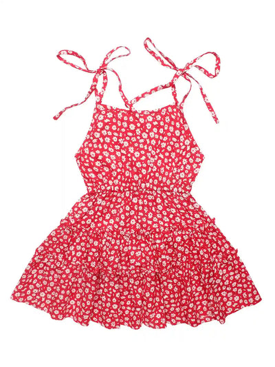 Girls Fit & Flare Dress, Floral Print Layered, Red Colour