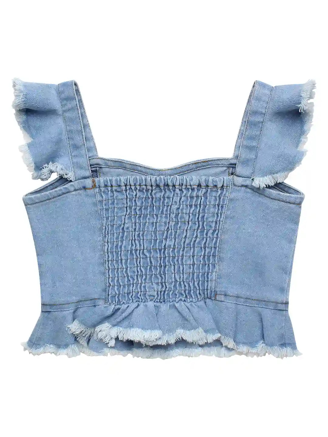Girls Pure Cotton Denim Crop Top with Trousers Co-ord Set, Blue Colour