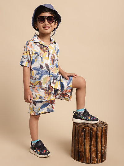 Boys Co-ord Set With Printed Rayon Shirt and Shorts, Blue