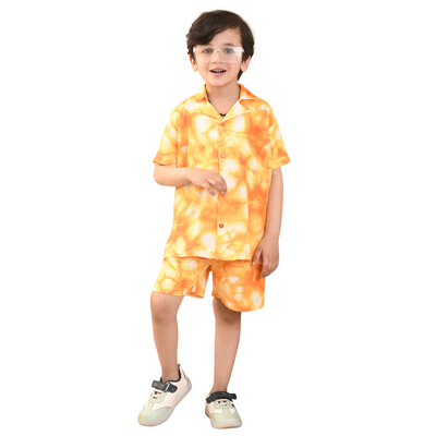 Baby Boys Rayon Tie-Dye Printed Co-ord Set With Notched Collar Shirt and Shorts, Orange