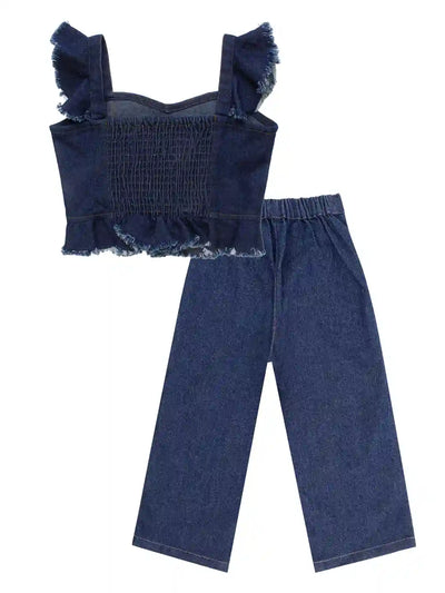 Girls Pure Cotton Denim Crop Top with Trousers Co-ord Set, Navy Blue Colour