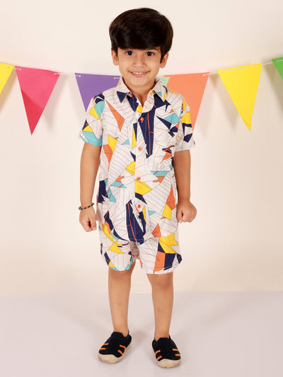 Boys Co-ord Set With Printed Rayon Shirt and Shorts, White