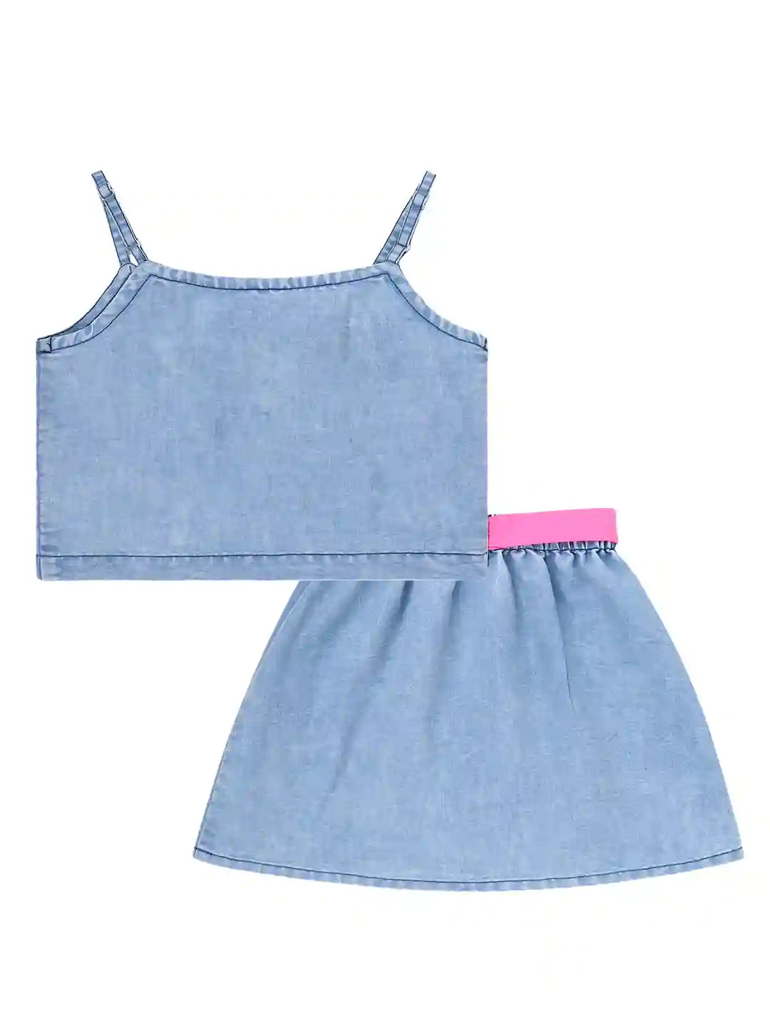 Girls Pure Cotton Denim Top with Skirt Co-ord Set, Blue Colour