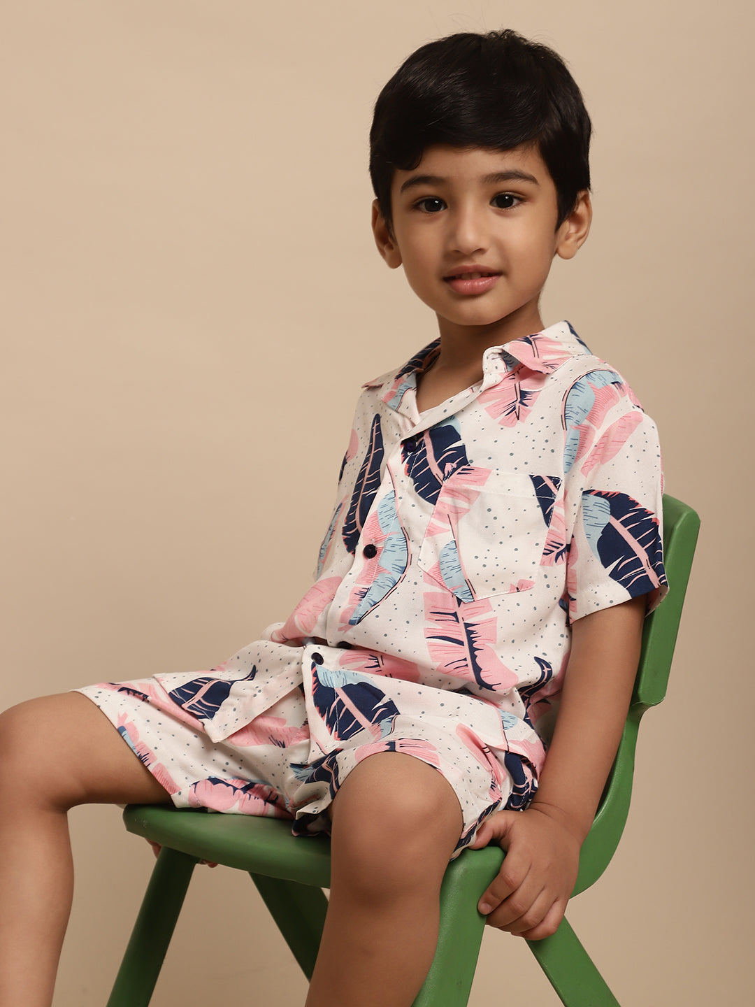 Boys Co-ord Set With Printed Rayon Shirt and Shorts, Pink