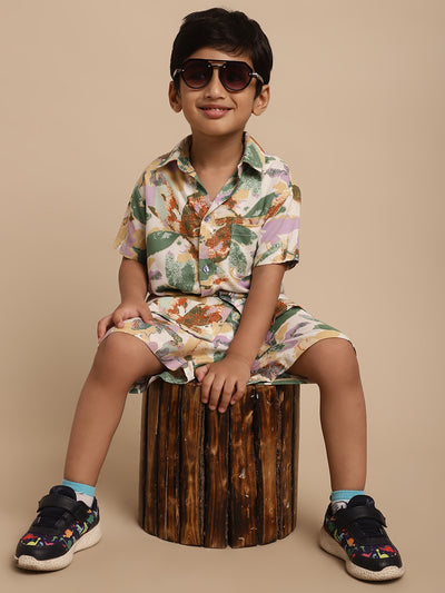 Boys Co-ord Set With Printed Rayon Shirt and Shorts, Green