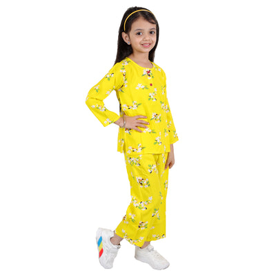 superminis Girls Printed Co-ord Set with Rayon Shirt and Pant, Yellow