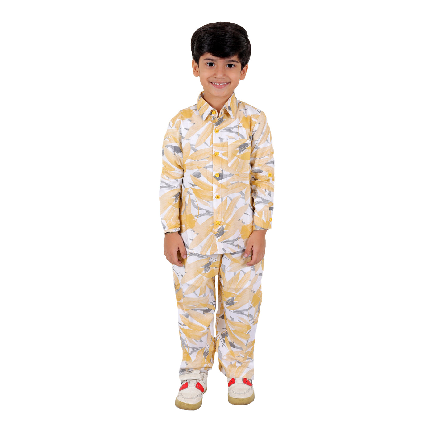 Boys Co-ord Set with Printed Rayon Shirt and Pant, Yellow