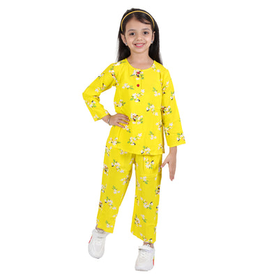 superminis Girls Printed Co-ord Set with Rayon Shirt and Pant, Yellow