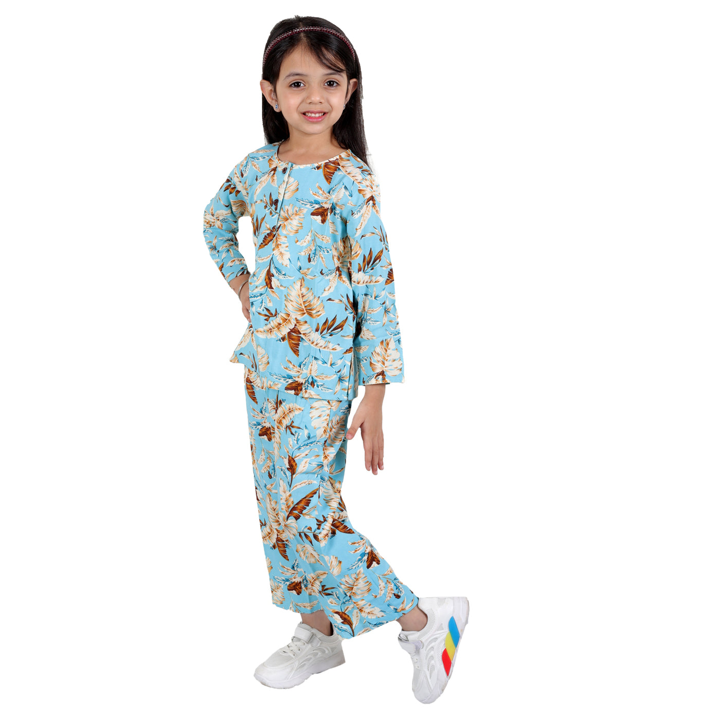 superminis Girls Printed Co-ord Set with Rayon Shirt and Pant, Sky Blue