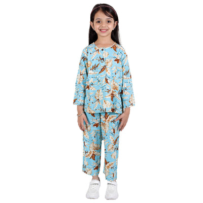 superminis Girls Printed Co-ord Set with Rayon Shirt and Pant, Sky Blue