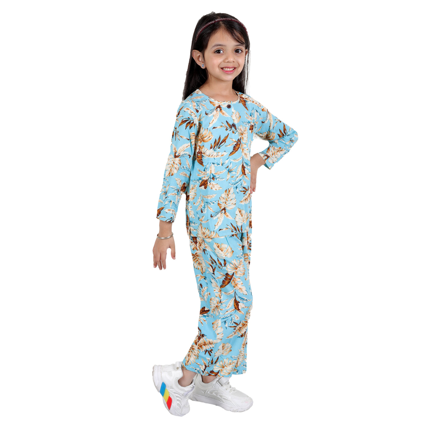 superminis Girls Printed Co-ord Set with Rayon Shirt and Pant, Sky Blue