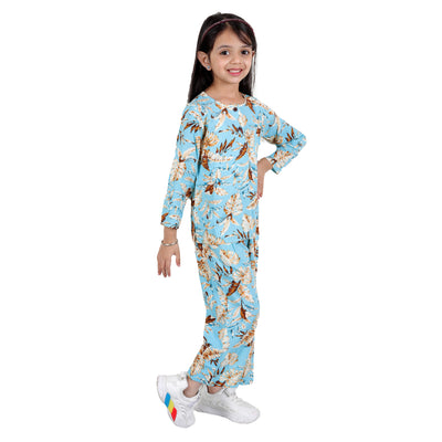 superminis Girls Printed Co-ord Set with Rayon Shirt and Pant, Sky Blue