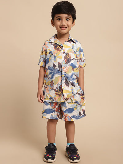 Boys Co-ord Set With Printed Rayon Shirt and Shorts, Blue