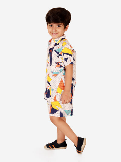 Boys Co-ord Set With Printed Rayon Shirt and Shorts, White