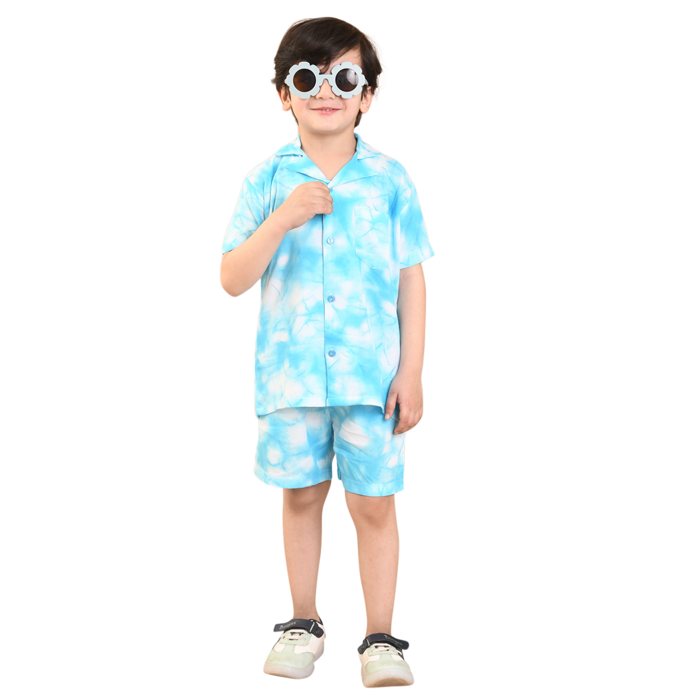 Baby Boys Rayon Tie-Dye Printed Co-ord Set With Notched Collar Shirt and Shorts, Sky Blue