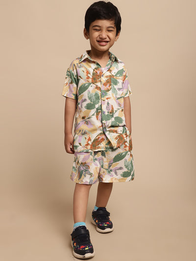 Boys Co-ord Set With Printed Rayon Shirt and Shorts, Green