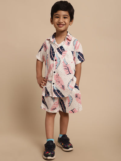 Boys Co-ord Set With Printed Rayon Shirt and Shorts, Pink