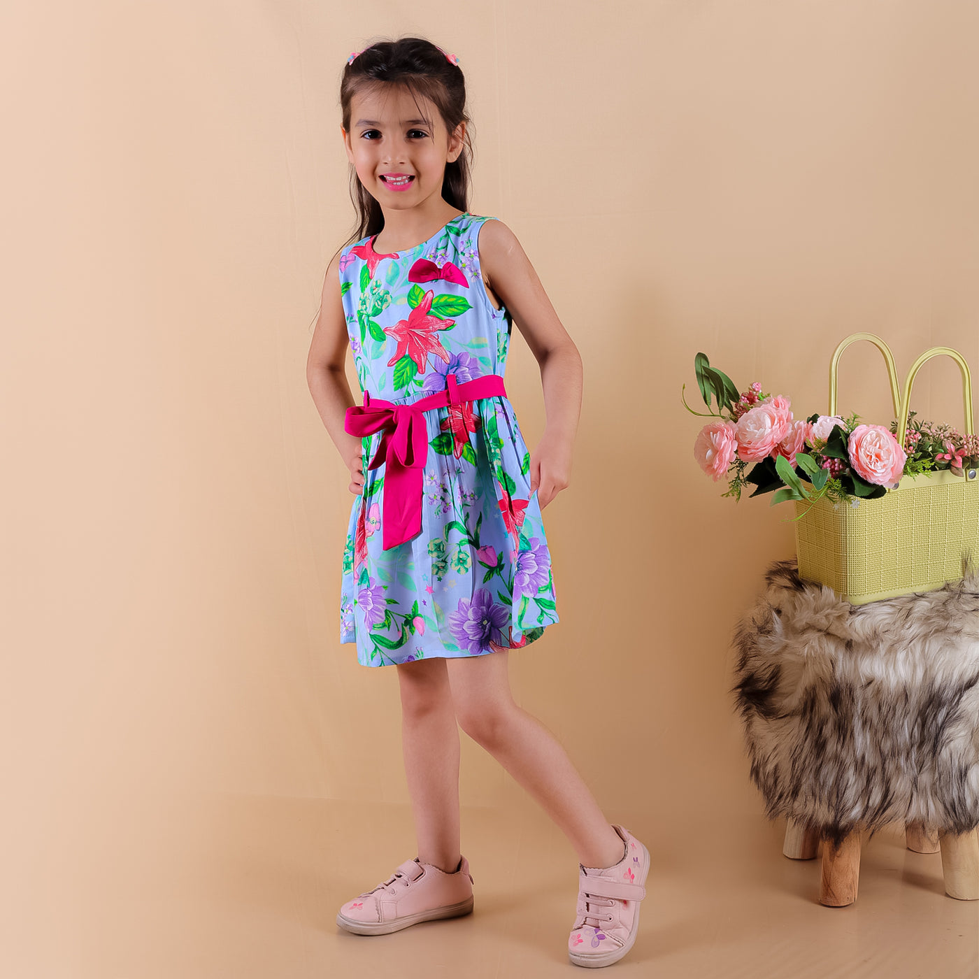 Girls Rayon Floral Printed Sleeveless Frock Dress with Stylish Waistbelt and Elegant Bow, Blue