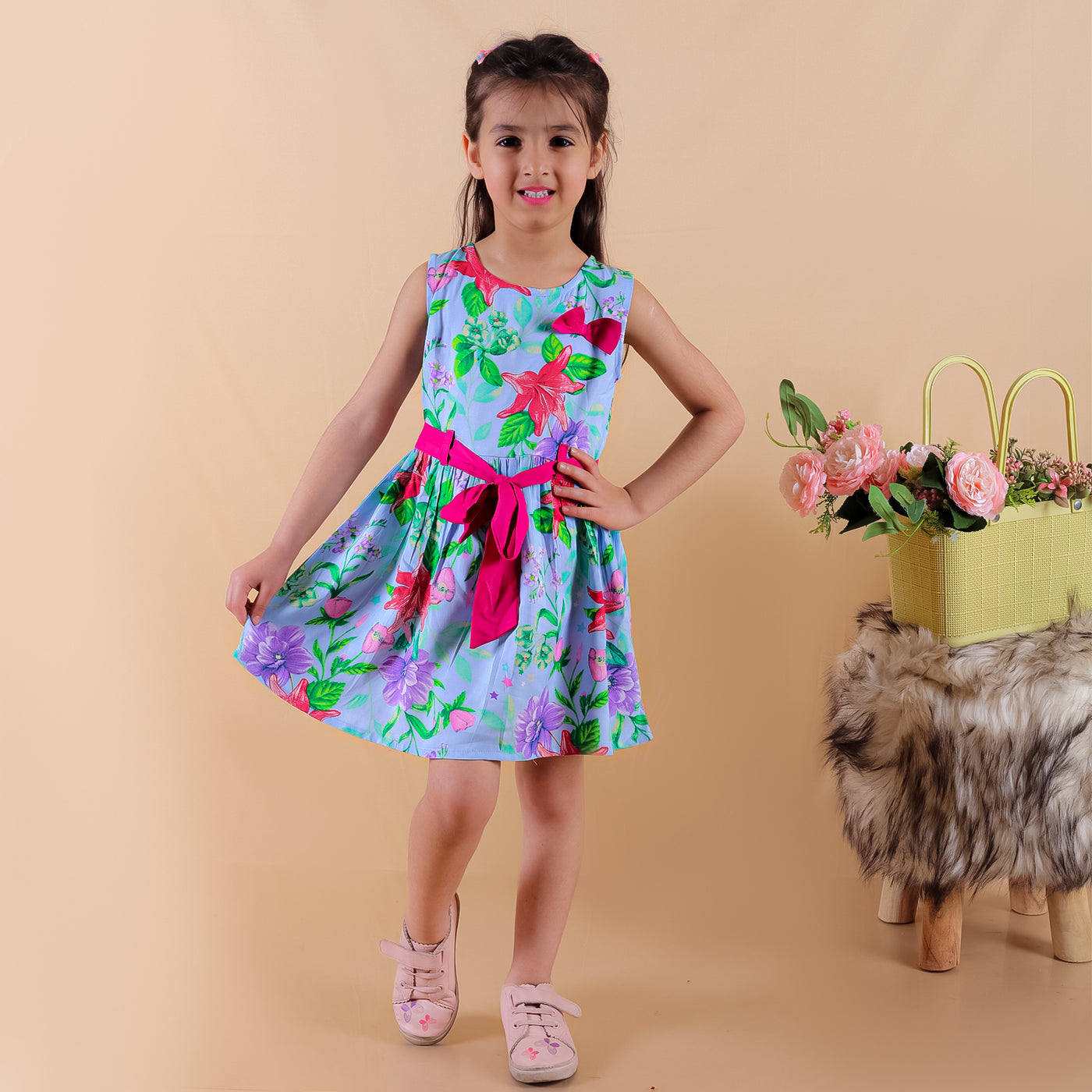 Girls Rayon Floral Printed Sleeveless Frock Dress with Stylish Waistbelt and Elegant Bow, Blue