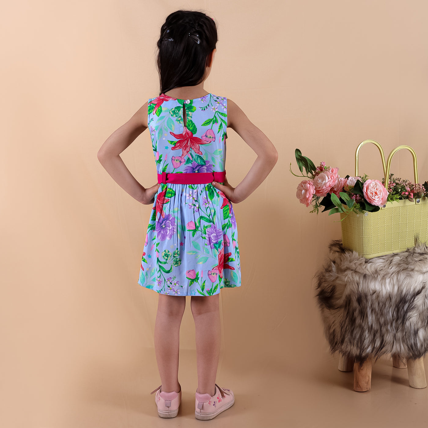 Girls Rayon Floral Printed Sleeveless Frock Dress with Stylish Waistbelt and Elegant Bow, Blue