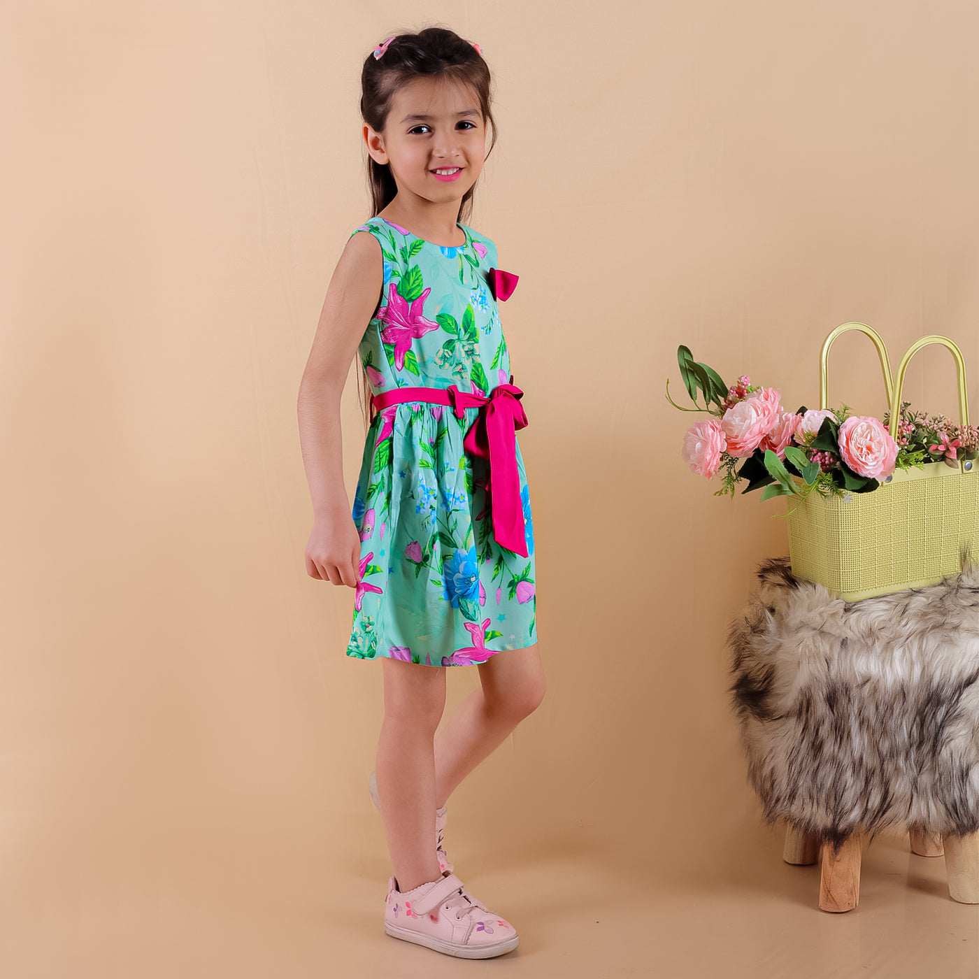 Girls Rayon Floral Printed Sleeveless Frock Dress with Stylish Waistbelt and Elegant Bow, Green