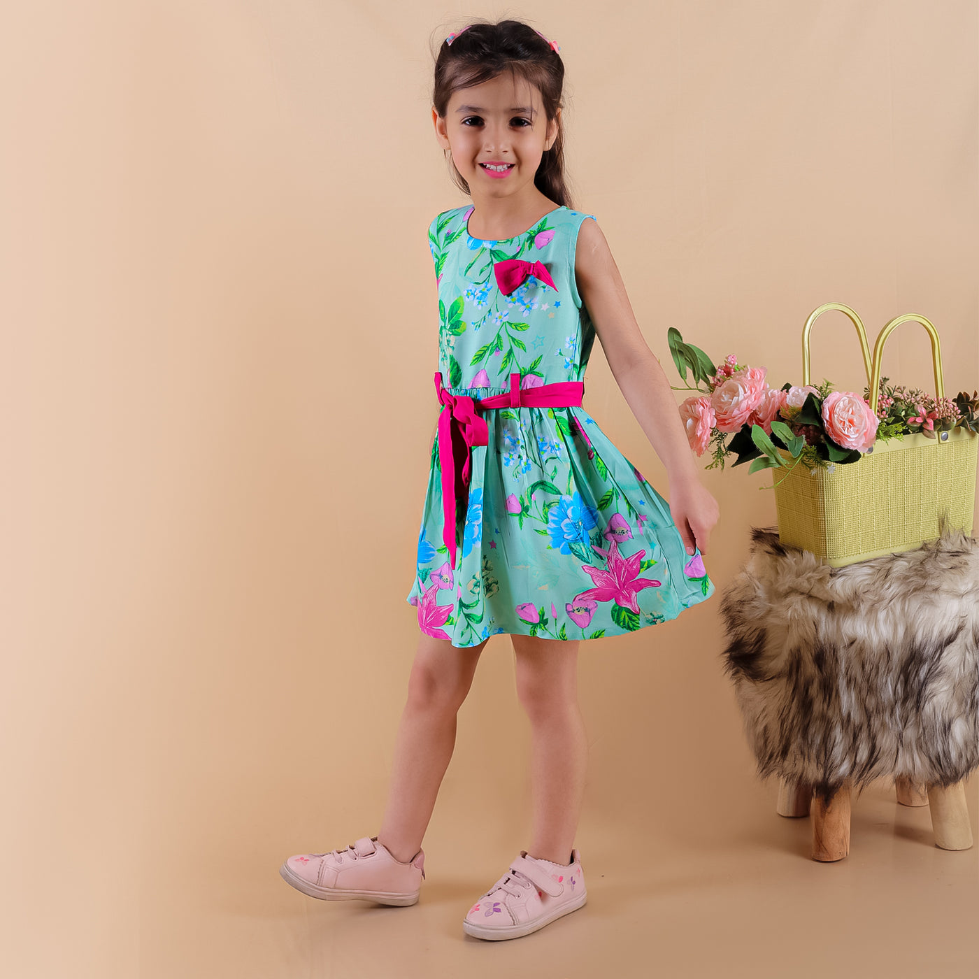 Girls Rayon Floral Printed Sleeveless Frock Dress with Stylish Waistbelt and Elegant Bow, Green