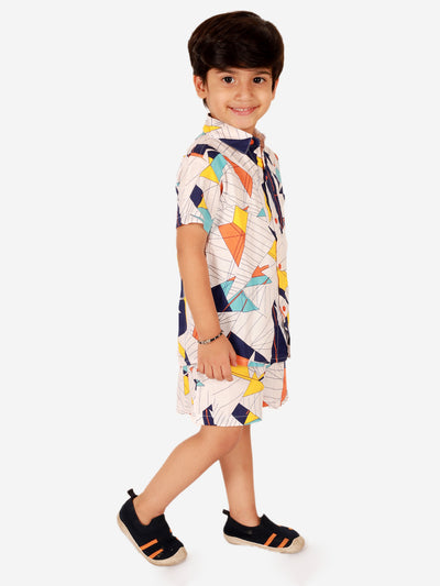 Boys Co-ord Set With Printed Rayon Shirt and Shorts, White