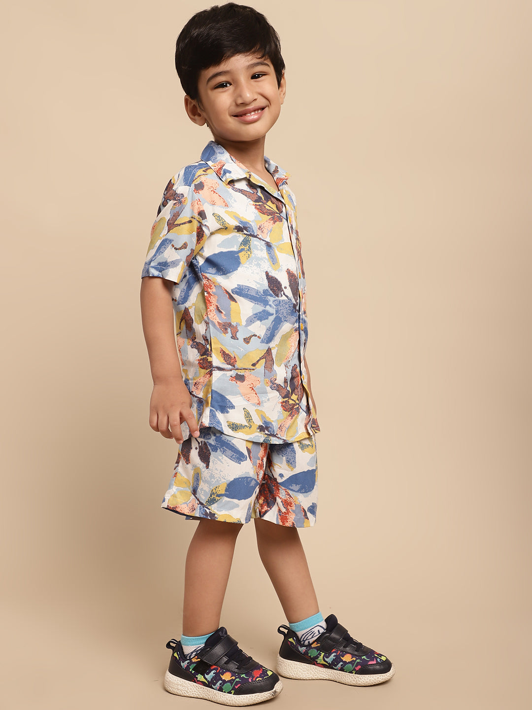 Boys Co-ord Set With Printed Rayon Shirt and Shorts, Blue