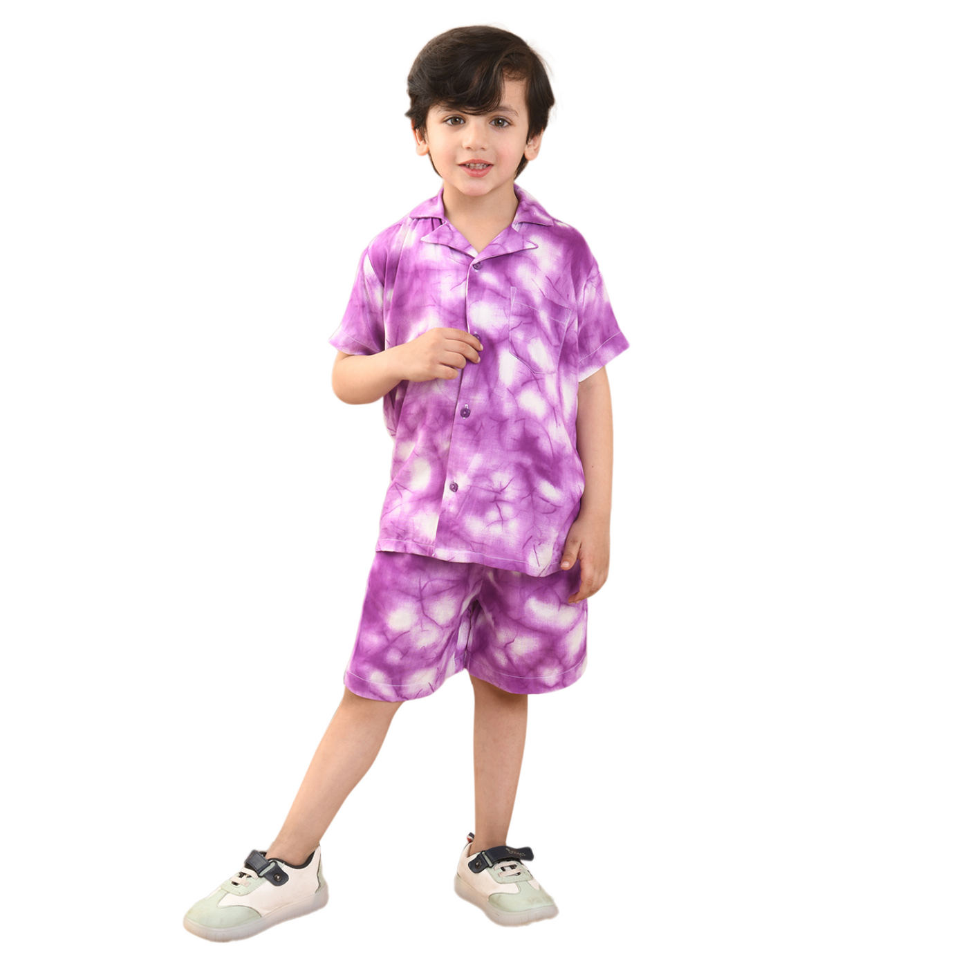 Baby Boys Rayon Tie-Dye Printed Co-ord Set With Notched Collar Shirt and Shorts , Purple